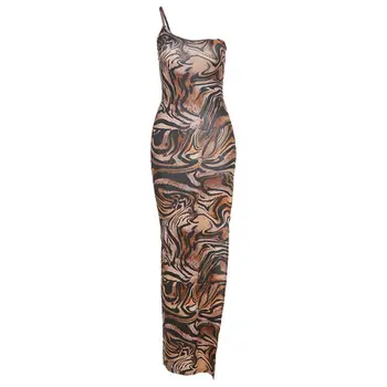 Женское Сексуальное облегающее Макси-длинное платье на одно плечо с Богемным принтом в тигровую полоску, с высоким разрезом, на бедрах, на бретельках, Пляжное 10CD