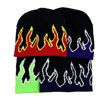 Зимняя уличная теплая вязаная шапка с игольчатым узором, шерстяная шапка с изображением пламени, уличная шапка с черепом, шапочка для защиты от холода, женские шапочки для мужчин