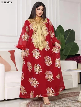 Золотая кружевная вышивка, Дубайская абайя для женщин, шикарная отделка лентой, V-образный вырез, длинный рукав, арабские мусульманские вечерние платья для вечеринок, корбан из перьев