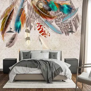 Изготовленный на заказ ретро-арт-фон и красочная настенная роспись 3D-самоклеящихся обоев из перьев в гостиной, спальне