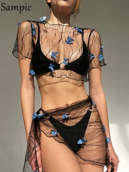 Комплект из двух предметов Sampic Mesh, прозрачный укороченный топ с коротким рукавом и мини-юбка, женские летние костюмы Batterfly, пикантные пляжные комплекты