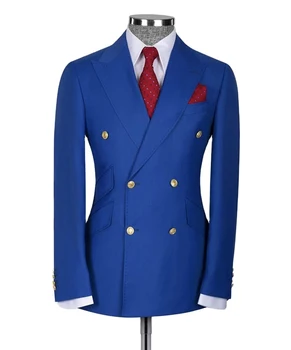 Королевский синий двубортный блейзер, брюки, мужские костюмы, приталенный пиджак с отворотом, 2 шт., брюки, свадебная одежда, одежда для вечеринок, наряд