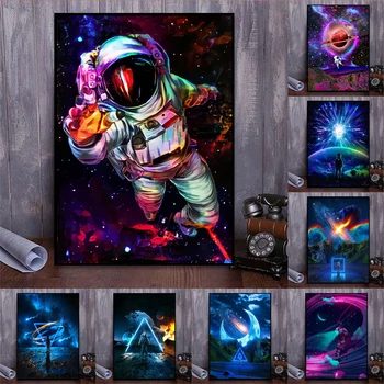 Красочный космонавт и забавный ди-джей Космонавт, мультяшный плакат, картина на холсте, домашний декор для гостиной, эстетика, настенное искусство, принт, картинка