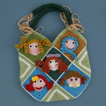 Креативная мультяшная сумка через плечо ручной работы для девочек: модная вязаная сумка с уникальным квадратным дизайном в стиле пэчворк