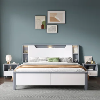 Кровать из массива дерева в скандинавском стиле современная простая 1,8 м светлая роскошная главная спальня с двуспальной кроватью 1,5 м белая высокая кровать для хранения ящиков