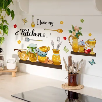 Кухонные приправы, посуда, наклейки на стены с надписью Love Home, наклейки на стены для столовой ресторана