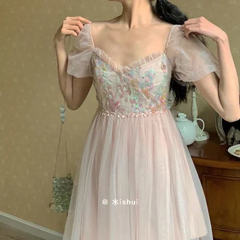 Летнее Новое Дворцовое ретро-платье принцессы с коротким рукавом для милой девушки, Розовое сетчатое платье, платье с вышивкой Супер Феи