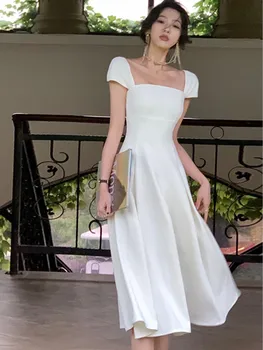 Летнее новое элегантное вечернее платье миди с квадратным воротником для женщин, французское платье трапециевидной формы для выпускного, женское Корейское белое платье Vestidos