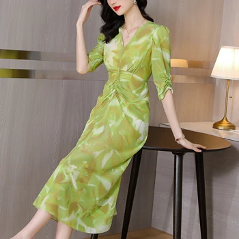 Летнее плиссированное платье Миди с V-образным вырезом и принтом в стиле бохо, женское Элегантное облегающее Повседневное вечернее платье 2023, Корейская мода, легкие Vestidos