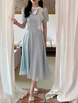 Летнее элегантное платье Миди 2023, женское повседневное Пляжное вечернее платье с коротким рукавом, Офисное Женское однотонное цельнокроеное платье в корейском стиле