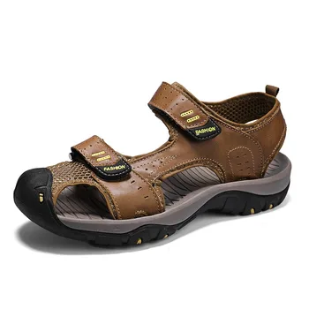 Летние мужские кожаные сандалии, легкая дышащая повседневная пляжная обувь для прогулок, уличные нескользящие резиновые мужские сандалии для треккинга, размер 38-46