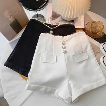 Летние шорты с жемчужными пуговицами, женские Корейские модные повседневные Широкие брюки трапециевидной формы, Белая, Черная Женская одежда