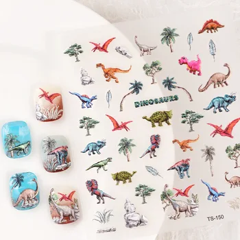 Милый мультфильм динозавров 5D С мягкими рельефными рельефами, Самоклеящиеся наклейки для дизайна ногтей, милые наклейки для маникюра Оптом