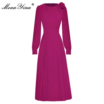 Модное дизайнерское платье MoaaYina, весна-осень, женские однотонные плиссированные платья с длинными рукавами и аппликацией