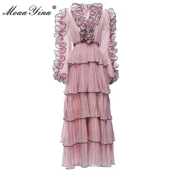 Модное дизайнерское платье MoaaYina, Летнее женское платье с V-образным вырезом, рукавом-фонариком, каскадными воланами, Розовые платья