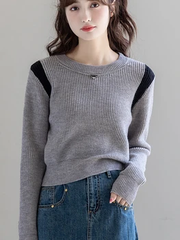 Модные свитера Harajuku, Джемперы, трикотаж контрастного цвета с круглым вырезом и длинным рукавом, пуловеры, топы, женская тонкая универсальная женская одежда