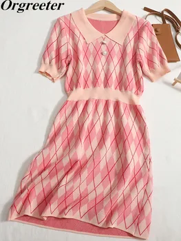 Модный дизайн, вязаное платье-свитер Argyle, Женское Милое Розовое платье-свитер с отложным воротником, летнее платье Mini Vestido Feminino