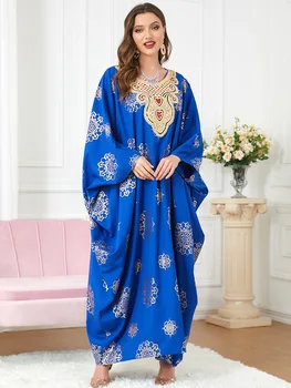 Мусульманский халат Ближневосточная одежда Рукав Летучая Мышь Свободный Синий Принт Вышивка Кружево Элегантное Вечернее платье Абая Дубай Арабское платье