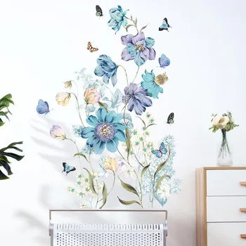 Наклейка на стену с синим цветком и бабочкой для гостиной, спальни, украшения дома, самоклеящиеся обои, наклейки с растениями