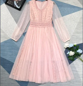 Новая женская одежда на весну и лето 2023, винтажное кружевное сетчатое платье с V-образным вырезом и кружевной строчкой 0316