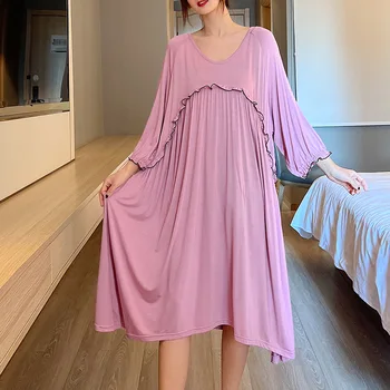 Новое женское платье Modal Большого Размера с V-образным вырезом, Свободная Длинная юбка в стиле Пэчворк, Однотонная ночная рубашка Вне Ночных Лыж