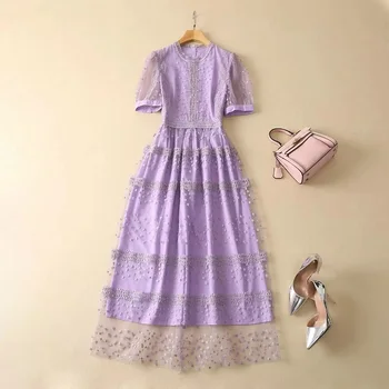 Новое летнее длинное платье 2023, высококачественное женское платье с круглым вырезом, сексуальная тюлевая сетка, вышивка в стиле пэчворк, Короткий рукав, Фиолетовое платье Макси Vestido