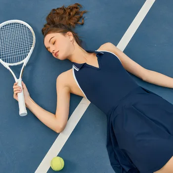 Новое Спортивное цельное платье с контрастным отворотом на шее для женщин с подушкой для груди, для занятий йогой, для тенниса с антибликовым покрытием