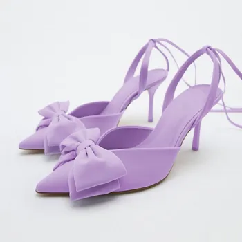 Новые женские Босоножки на высоком каблуке с ремешком на щиколотке из флока с бабочкой и узлом, туфли-лодочки с острым носком, Элегантная женская мода 2022, Лето