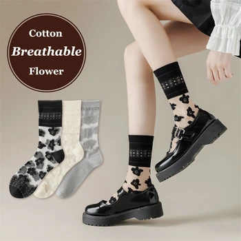Новые женские носки в японском стиле, модные простые носки с цветочным рисунком, Короткие летние тонкие кавайные прозрачные женские носки для экипажа, повседневные