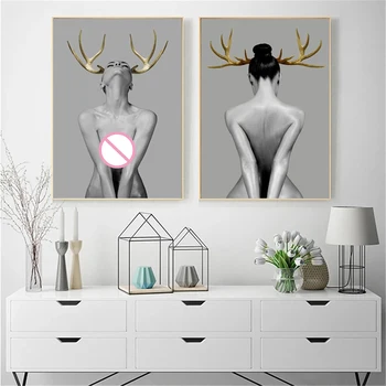 Обнаженная женщина с оленьими рогами, картина на холсте, плакаты и принты с сексуальными девушками, современная декоративная картина для гостиной, настенное искусство Cuadros