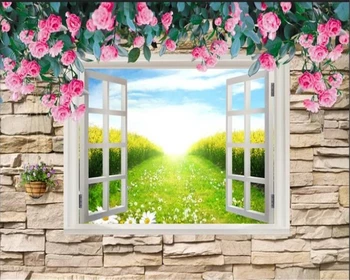 Обои beibehang papel de parede3D На заказ Красивая фотообоя с розами на окне ТВ Фон Обои для стен в гостиной