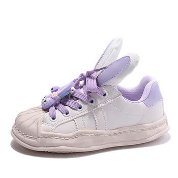 Обувь для девочек, весна 2023, новая детская спортивная обувь с верхом в виде ракушки, Маленькие белые туфельки с подвеской в виде маленького белого кролика, повседневная обувь