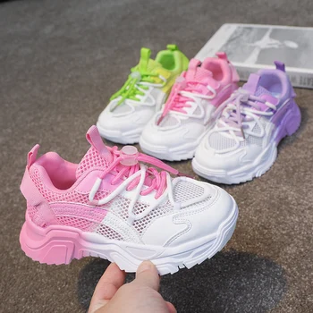 Обувь для девочек, детские розовые кроссовки на платформе, повседневная летняя детская обувь на толстой подошве для бега, спортивные теннисные туфли для девочек