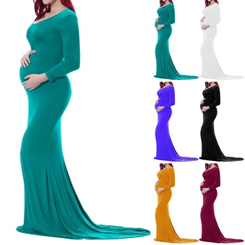 Однотонное платье для беременных, хлопковый комбинезон для беременных с круглым вырезом и шлейфом, длинное платье для фотосъемки, Летнее длинное платье Платье Женское