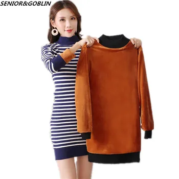 Осень Зима 2023 Новое поступление Женщин Корейский вариант вязаного платья свитера Тонкий Толстый Пуловер Длинные свитера в полоску