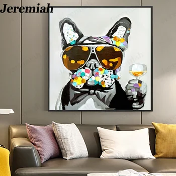 Плакат с абстрактным животным на холсте, собака в очках, держащая бокал для вина, Художественная рисованная картина для гостиной