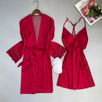 Повседневная женская домашняя одежда, сексуальный кардиган с кружевной аппликацией на спине, халат, ночная рубашка с открытой спиной, 2 предмета, пижамы для подружек невесты, кимоно, банный халат