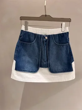 Повседневная короткая джинсовая юбка с эластичной резинкой на талии, летняя новинка 2023, универсальная уличная женская одежда, облегающие джинсовые юбки трапециевидной формы для женщин