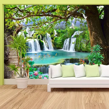 Принимаются съемные пользовательские обои с изображением лесного водопада и пейзажа для гостиной, обои для стен, домашний декор, фрески, искусство