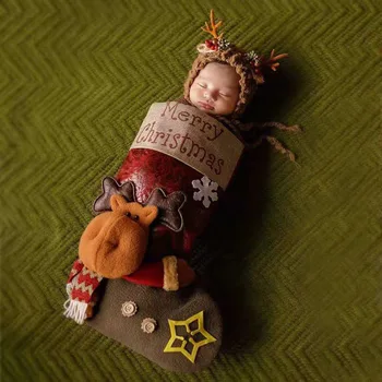 Реквизит для детской фотосъемки, Рождественский костюм, Шляпа, комплект, Тема новорожденного Санта-Клауса, Спальный мешок, Носки, Дорогая