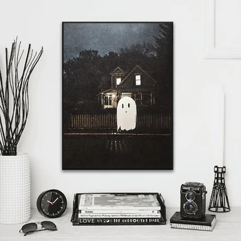 Ретро-плакаты на Хэллоуин, печать фотографий с белым призраком, холст, картина, Забавные картинки на стене, современное украшение спальни для дома