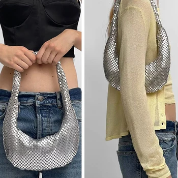 Роскошная женская сумка через плечо из металлической сетки, дизайнерские бренды, полая сумка для подмышек, модные вечерние сумки для женщин 2023 Hobo