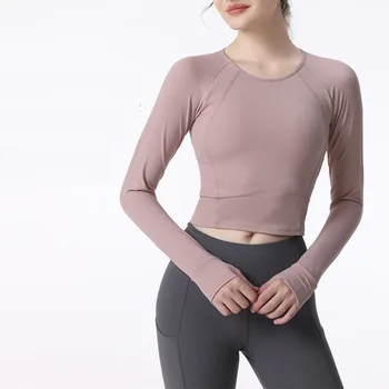 С логотипом Осенние женские спортивные футболки для йоги, встроенный бюстгальтер, удобный тонкий спортивный топ с длинным рукавом, спортивная одежда для активного отдыха, спортивная одежда для фитнеса