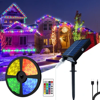 Светодиодная лента RGB 5050 с дистанционным управлением, USB перезаряжаемая солнечная лампа, рождественские огни, украшение для вечеринки на открытом воздухе.
