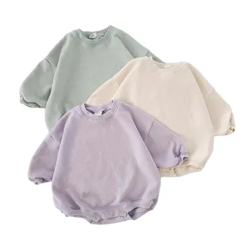 Свитер оверсайз для маленьких девочек и мальчиков с короткими рукавами Для малышей, с ребристым подолом, на пуговицах, Пустая Французская махровая одежда для новорожденных, ползунки