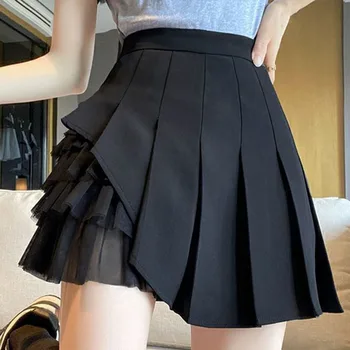 сексуальная лоскутная юбка трапециевидной формы в корейском стиле, корейские плиссированные юбки slim fit с высокой талией, женские летние черно-белые сетчатые мини-короткие юбки