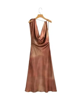 Сексуальное платье Миди с распашным воротником и открытой спиной, женские летние атласные платья без рукавов
