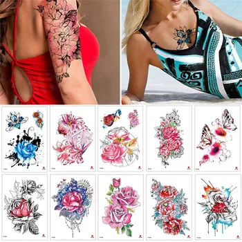 Сексуальные водонепроницаемые наклейки с татуировками, татуировка бикини и боди-арт, татуировка в виде цветка розы, поддельная татуировка с переносом воды, временная татуировка на ноге, руке