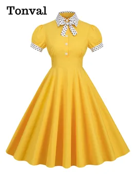 Тонвал, Контрастный воротник и манжеты с бантом, платье в стиле рокабилли на пуговицах спереди, женские винтажные платья миди из хлопка 50-х годов