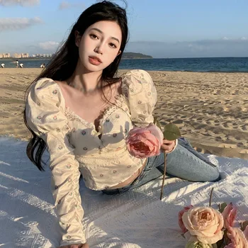 Тонкая рубашка Лоскутная с длинным рукавом сексуальное платье цветочный блузка женщины дышащий полиэстер V-образный вырез женский укороченный топ женские корейские 